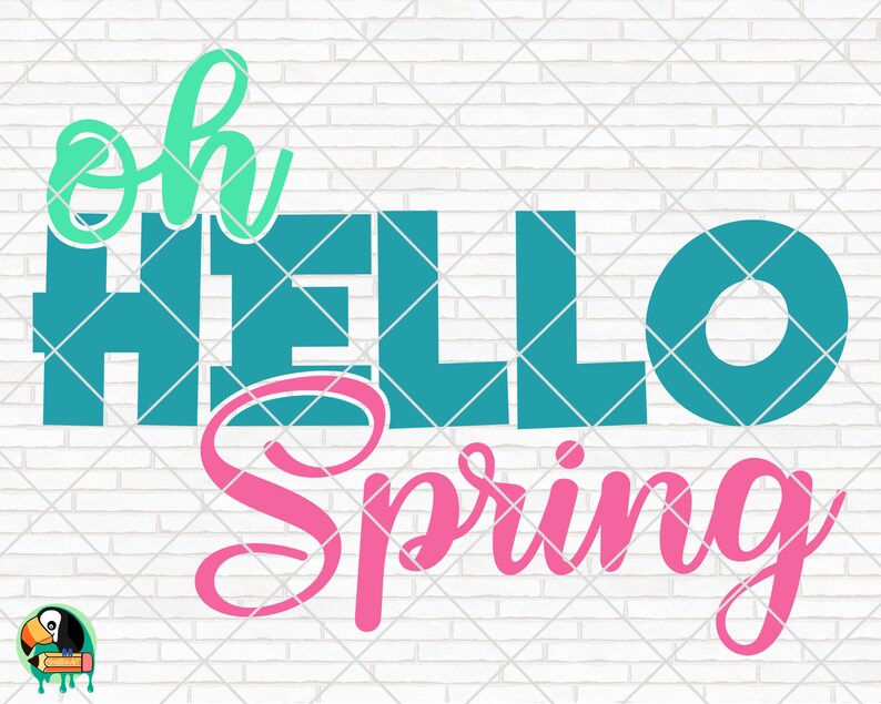 以下が含まれることがあります： 白いレンガの壁の背景に、ターコイズとピンクの文字で「Oh Hello Spring」と書かれています。