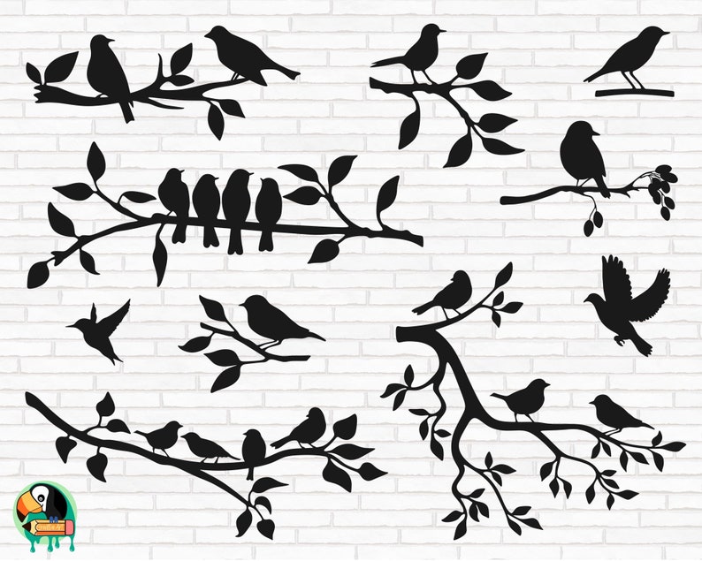 May include: Black silhouette of birds perched on branches with leaves. The birds are in various poses, some are singing, some are flying, and some are resting. The branches are bare and have leaves.