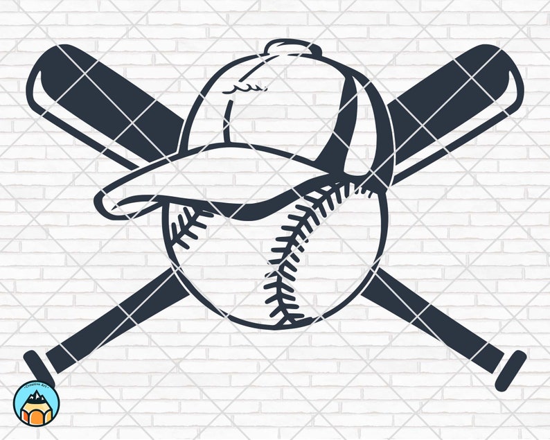 May include: A black and white baseball graphic with a baseball cap on top of the ball. Two crossed baseball bats are behind the ball and cap.