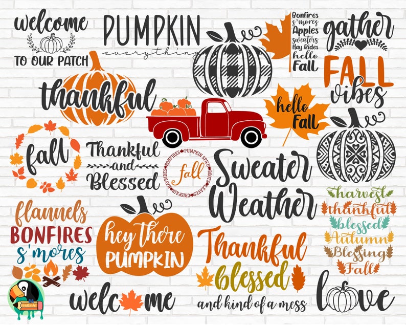 K&ouml;nnte beinhalten: Eine Sammlung von SVG-Schnittdateien zum Thema Herbst mit K&uuml;rbissen, Bl&auml;ttern und Textphrasen wie "Willkommen auf unserem Feld", "Dankbar und gesegnet", "Pulloverwetter" und "Hey da K&uuml;rbis".