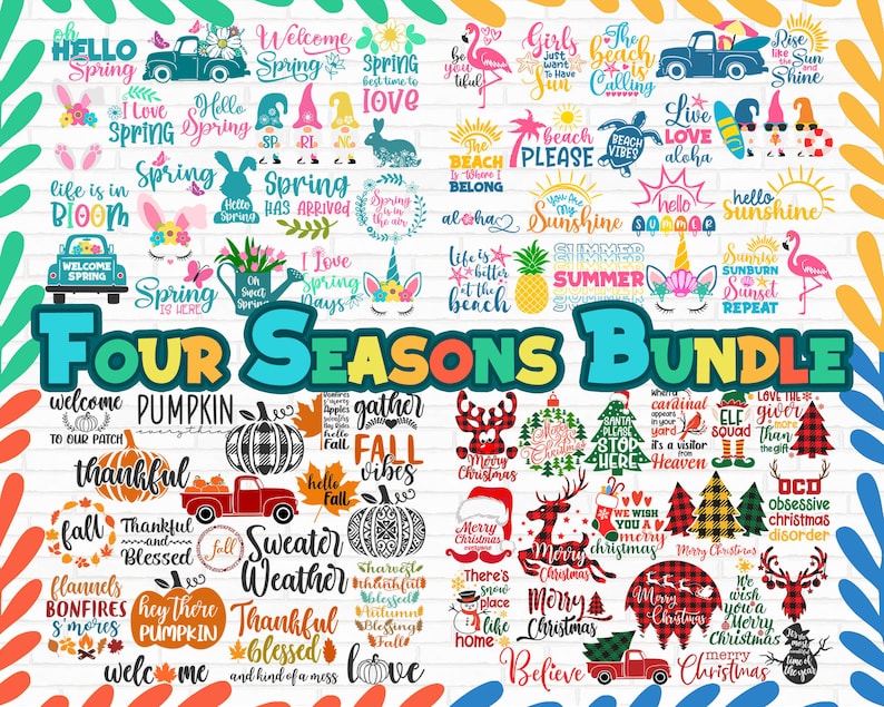 K&ouml;nnte beinhalten: Eine farbenfrohe digitale Collage mit Designs zum Thema der vier Jahreszeiten. Die Designs zeigen verschiedene S&auml;tze und Bilder, die mit Fr&uuml;hling, Sommer, Herbst und Winter zu tun haben. Die Designs sind perfekt f&uuml;r Basteln, Scrapbooking und andere kreative Projekte.