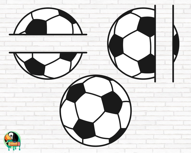 May include: Three black and white football designs. One football is split in half horizontally with a blank space in the middle. Another football is split in half vertically with a blank space in the middle. The third football is whole.