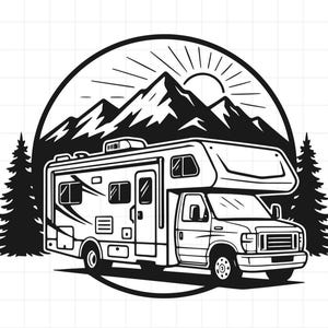 May include: A black and white graphic illustration featuring a class C motorhome parked in front of two pine trees. Behind the vehicle, a circular frame contains a mountain range and a rising sun with radiating lines, all rendered in high contrast.