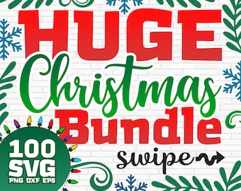 May include: A graphic design featuring the words "HUGE Christmas Bundle" in red and green, with the text "100 SVG" and file type abbreviations. The design includes snowflake and leaf accents, and a string of Christmas lights.