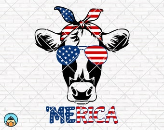 Vaca Merica svg, Heifer Cow svg, USA Bandana svg, Gafas de sol de vaca, Cabeza de vaca svg, Bandera de EE.UU. svg, 4 de julio cricut silueta corte vector de archivo