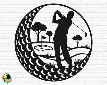 May include: Black and white silhouette of a golfer swinging a club on a golf course, surrounded by a circle of golf ball dimples.
