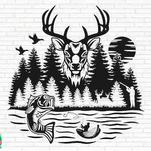 Hirsch Jäger SVG, Hirsch Jagd svg, Angeln svg, Outdoor-Landschaft svg, Hirsch Szene svg, Jagd svg, Jagd Dad svg, geschnittene Dateien, Cricut, Png, svg