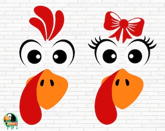 May include: Two turkey face cutouts with large eyes, orange beaks, and red wattles. One turkey has a red bow on its head.