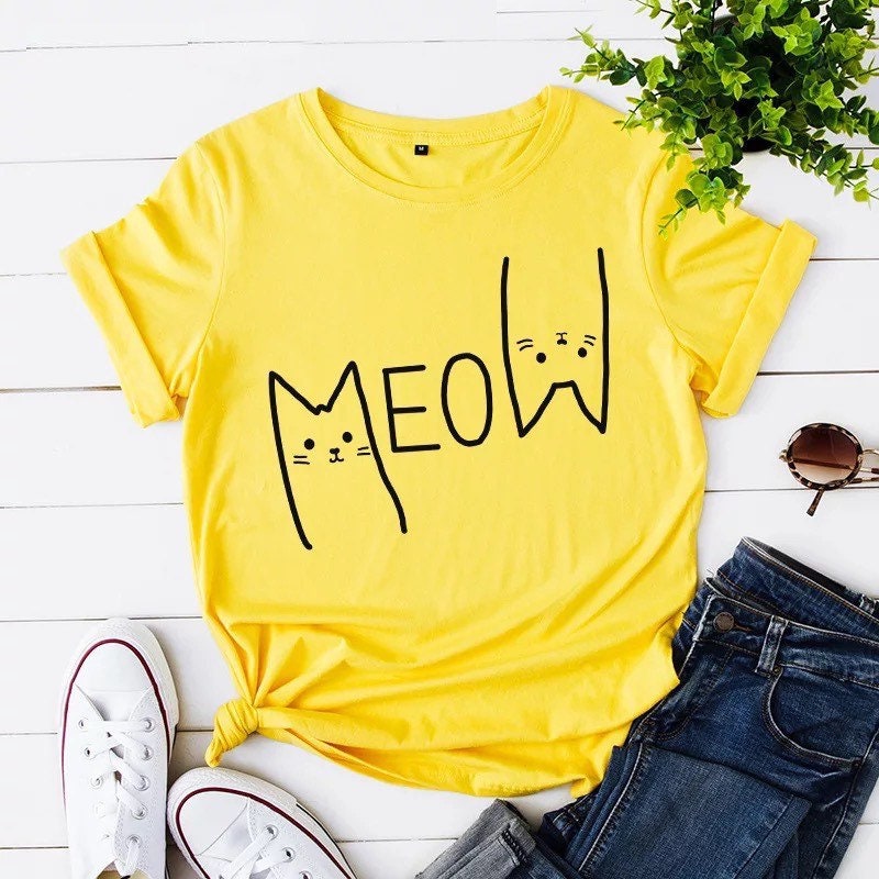 T-Shirt summer Cute Meow Cat printed casual t-shirt woman | Etsy