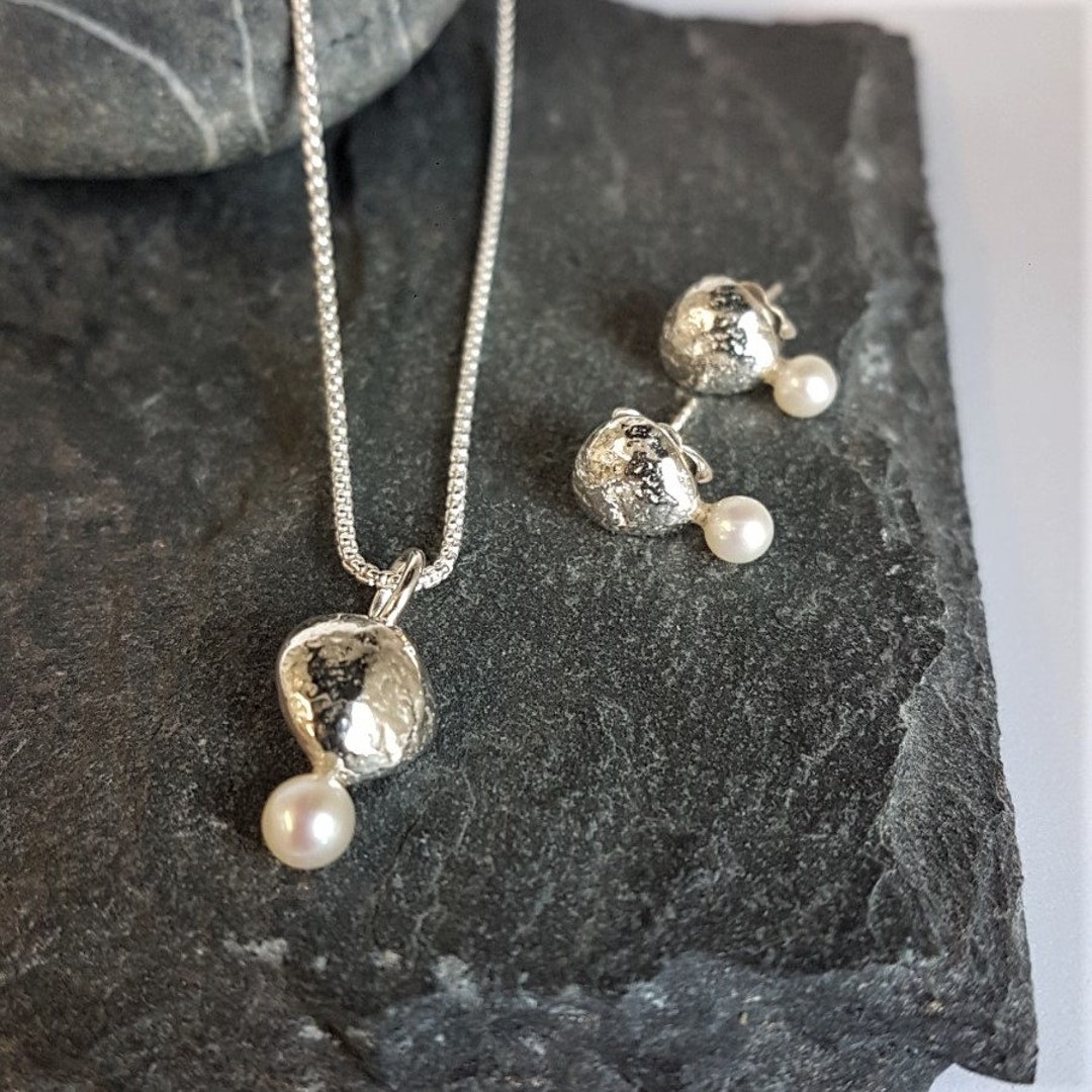 Pearl and Sterling 925 Silver Pebble Pendant Necklace, Handmade ...