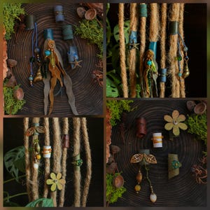 5-tlg. Sets für 9-10 mm Dreadlocks, Handgefertigter Leder Dreadschmuck, Natur inspirierte Dreadlockperlen, Pagan Ästhetik