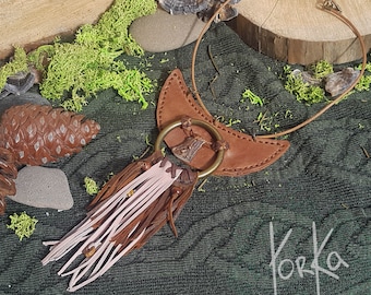 Tribal necklace, Crescent moon necklace, Pagan jewelry, leather necklace, antler pendant, statement necklace, green witch jewelry
