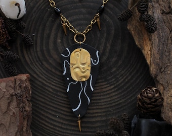 Gothic black natural leather and brass necklace, statement necklace, witchy jewelry