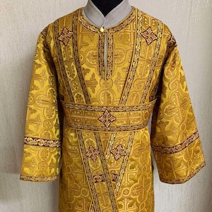 Yellow deacon&#39;s greek brocade liturgical vestment, Orthodox vestments, Custom ecclesiastical clothing, Altar reader vestment, Ready to order