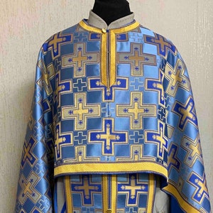 Light Blue Gold Priest&#39;s Set Vestments, Cross Metallic brocade Vestments, Greek Style Vestments, Ecclesiastical Apparel Priest Set Vestments