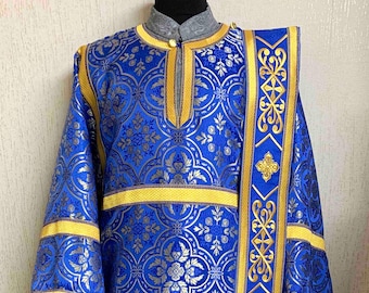 Orthodox Deacon Vestments with Embroidered orarion, Greek deacon vestments, Liturgical vestments, Blue Gold vestments, Red Vestments