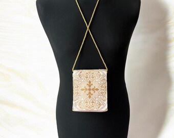 White gold sacrament bag with embroidered cross patch, White tabernacle, Purse for padre, Ready to use