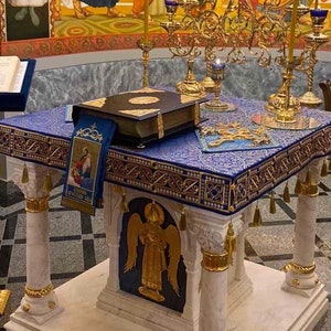Samt & Brokat Top Heilige Tischdecke mit gesticktem Rand, Heilige Tisch-Orthodoxe Altardecke, christliche Tischdecke, auf Bestellung erhältlich