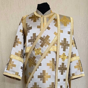 Orthodox deacon vestments with single or double orarion & cuffs, non-metallic brocade, shiny cross-print brocade, Ready to order