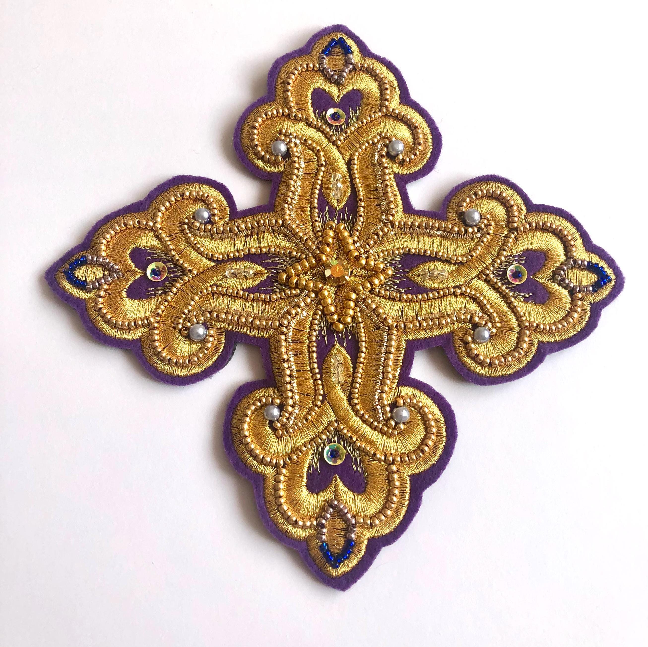 Cross patch hand-embroidered by seed beads, pearls, gold threads, Icon stand cover cross, Vestments appliqué patch, Liturgical cross patch