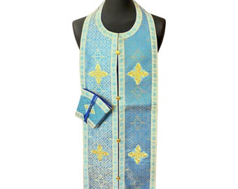 Estola y puños sacerdotales litúrgicos azul claro, listos para usar, epitrachelion y puños sacerdotales, regalo para pastor, regalo de Navidad para padre