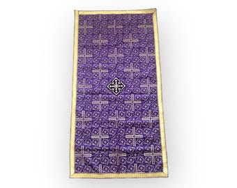 Purple Table Runner for Christian, Great Lenten icon stand runner, Christian Easter tablecloth, Runner in cross-print brocade, Ready to ship