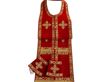 Red velvet Epitrachelion Set in simple style with embroidery, Orthodox Embroidered Stole and cuffs, Greek style stole and cuffs