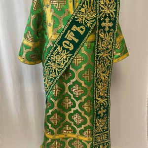 Embroidered double velvet orarion & cuffs deacon vestments, green greek deacon vestments, custom made orarion, brocade deacon vestments