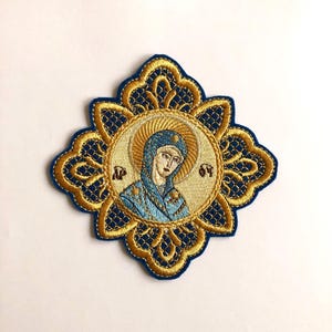Parche de aplicación de cruz con Theotokos 13 cm, 16 cm, parche de aplicación para vestimentas de clérigos, bordado dorado, imagen de santos, parche litúrgico