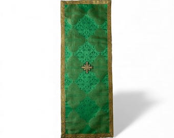 Green & gold table runner for home altar, icon stand runner in green brocade, Christian Easter tablecloth, Altar cloth
