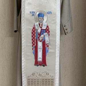 Embroidered epitrachelion in gold brocade with Saints Icon, Metallic brocade epitrachelion and cuffs, Saint image on Orthodox Vestments