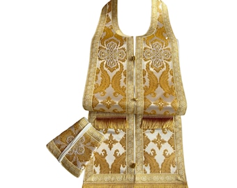 White gold Orthodox Stole and cuffs in metallic brocade, Custom priest Holy communion set, Greek style stole and cuffs, Ready to wear