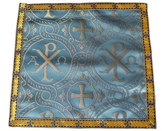 Chi Rho patterned light blue Prayerbook cover bordered gold trim, Red gold Home Altar Cloth, altar napkins, holy table napkins, Easter gift