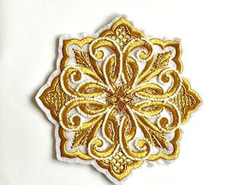 Star patch hand-embroidered by seed beads, pearls, gold threads, Icon stand cover cross, Vestments white gold appliqué, Liturgical patch