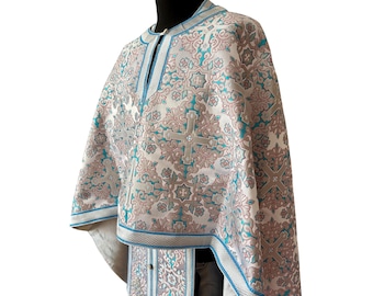 White with silver and light blue Greek style Orthodox Vestments with hand embroidery, Custom priest apparel, Holy Trinity vestments