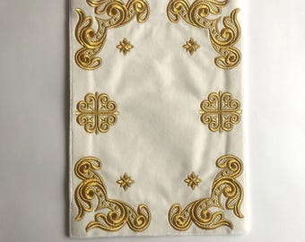 Mantel de altar bordado en oro blanco, bordado en oro metálico, servilleta para el altar del hogar, decoración de mesa sagrada, regalo cristiano de Pascua