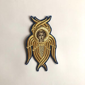 Cherubim Embroidered Metallic Gold Thread, Vestment Applique,Altar Church Vestment Applique, Cherubin Patch Image