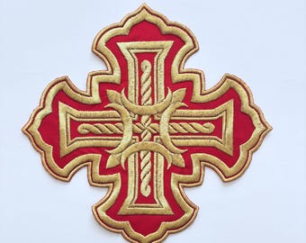 Metallic Gold Embroidered Cross Patch, Clergy Vestment Appliqué, Goldwork, Hand needlework, Cross patch with crystals, beads, cords, purl