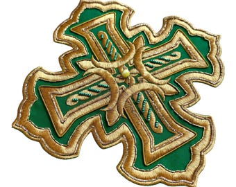 Hand-Embroidered Green Big Cross Patch with Gemstones, Seed Beads, Crystals, Cord, Gold Threads