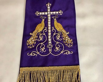 Peacock Gospel Bookmark Fully hand embroidered Birds, Pearls, crystals, purls, fringes, Goldwork, Bible bookmarks