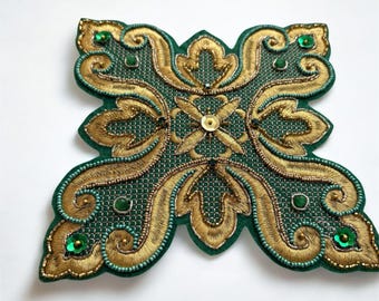 Hand-Embroidered Green Big Cross Patch with Gemstones, Seed Beads, Crystals, Cord, Gold Threads