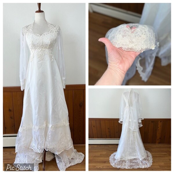 Beautiful Preserved Vintage 1960s/70s Union Made Wedding Gown with Veil!