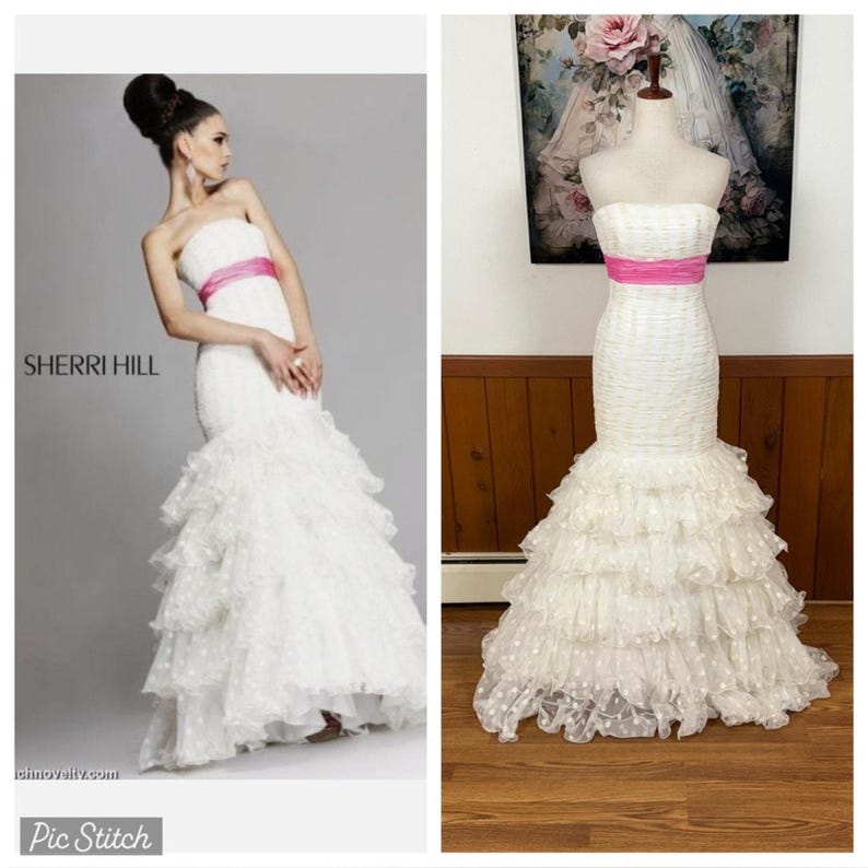 Impresionante vestido de fiesta de terciopelo con lunares y volantes de Sherri Hill imagen 1