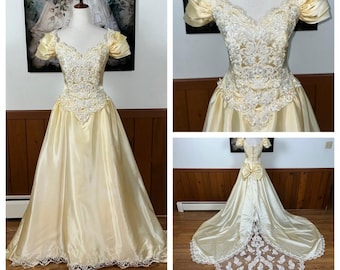 Spectacular Vintage 90s Mon Cheri Ivory Satin Wedding Gown!
