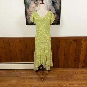 Hübsches Vintage 90er Jahre Adrianna Pall Seidengrünes Polka Dot Asymmetrisches Kleid Bild 2
