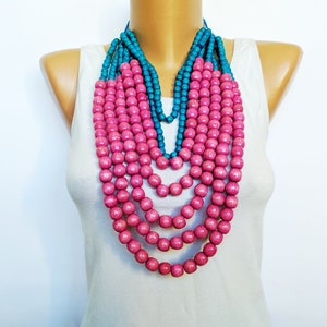 Pink extra big wooden bead necklace for women,Extra Large multi strand bead necklace,Wood bead necklace,Statement big chunky bead necklace