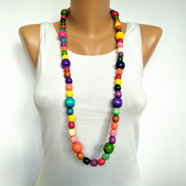 Multi color long bead necklaces for women,Large wooden bead necklace,Big bead necklace,Boho jewelry,Wooden jewelry,Gift for women,Gitts