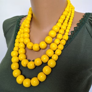 Hot yellow multi strand big bead necklace for women,Chunky wooden bead necklace,Handmade wood bead jewelry,Multi layer beaded necklace,Gifts