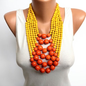 Orange yellow big beaded necklace for women,Large multi strand bead necklace,Wood bead necklace,Statement bead necklace,Chunky wood necklace