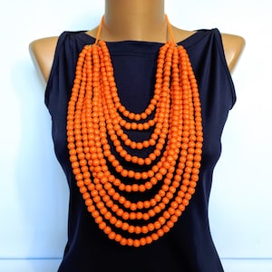 Orange natural multi layer large necklace for women,Long multi strand necklace,Wood bead necklace,Chunky necklace,Boho jewelry,Big necklace